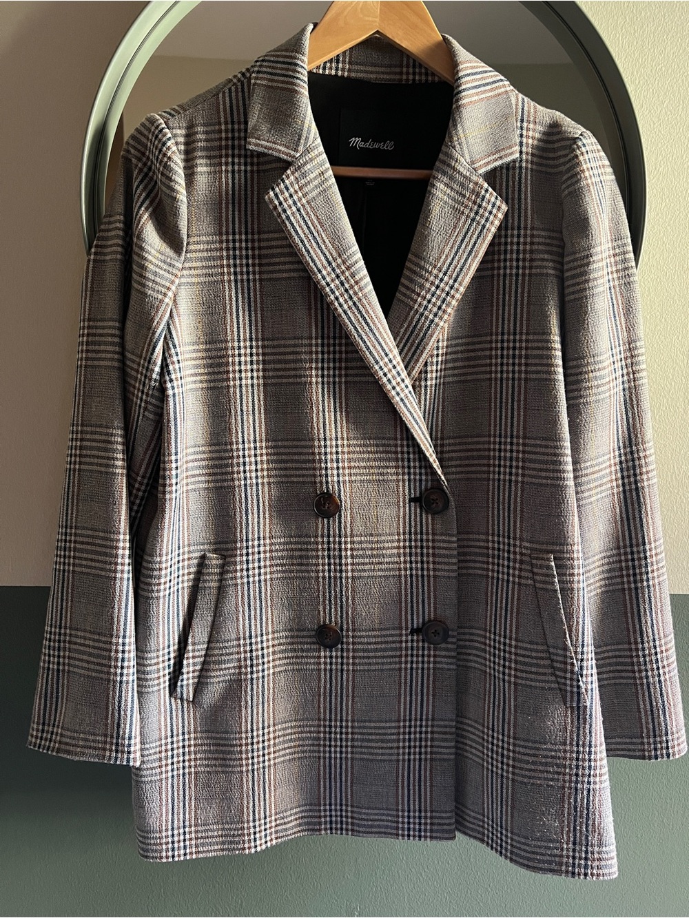 Madewell Double-Breasted Plaid Blazer in Gray and Brown Tones